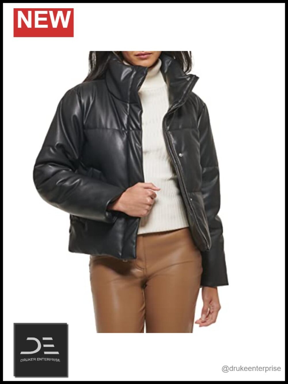 Vegan Leather Quilted Short Puffer Coat Water-Resistant Quilted Jacket